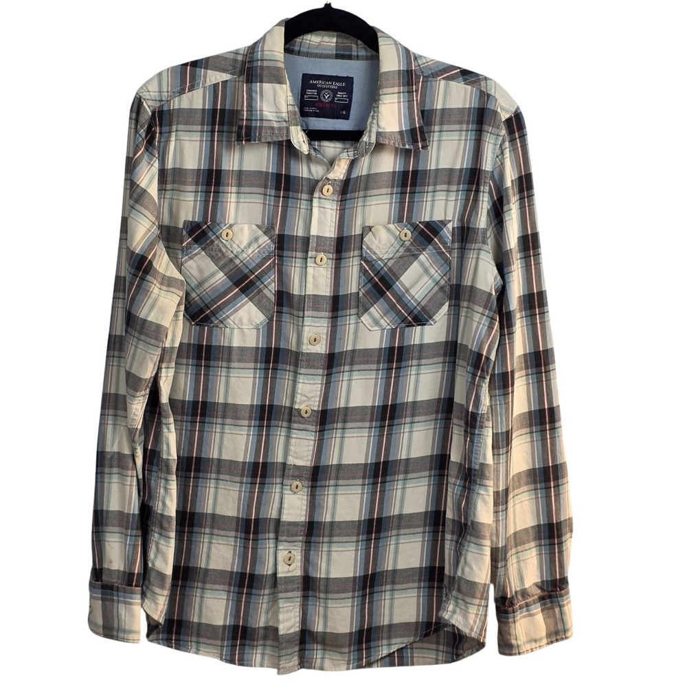 American Eagle Outfitters Mens Blue Plaid Athletic Fit Button Down Shirt Large